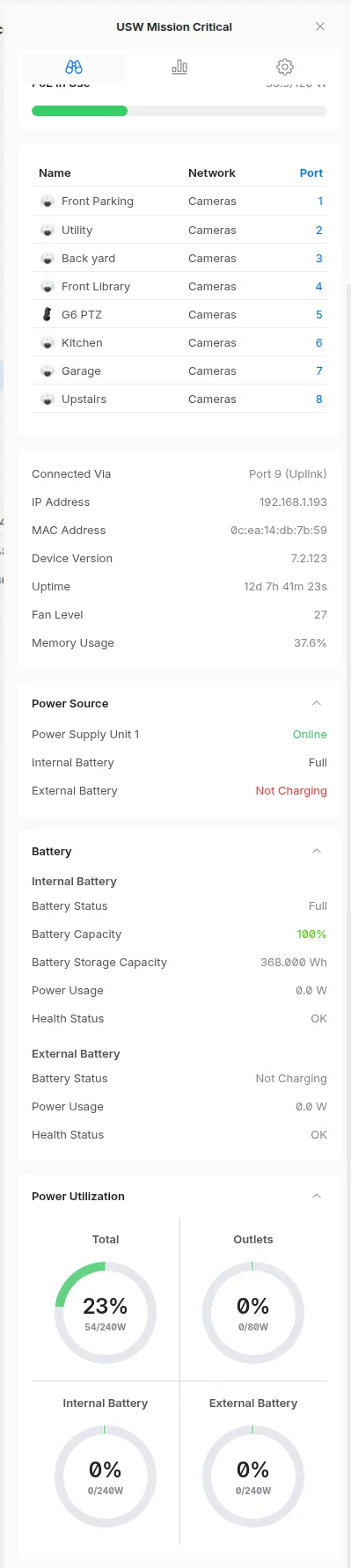 UniFi controller showing port assignments, battery status, and power utilization for the USW Mission Critical
